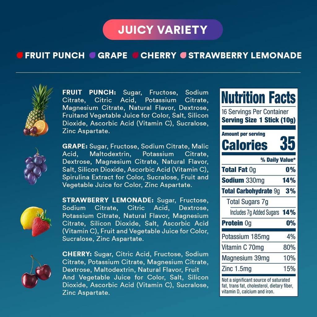 DripDrop Hydration Packets - Juicy Variety Pack - Single Serve Electrolytes Powder Drink Mix - Grape, Fruit Punch, Strawberry Lemonade, Cherry