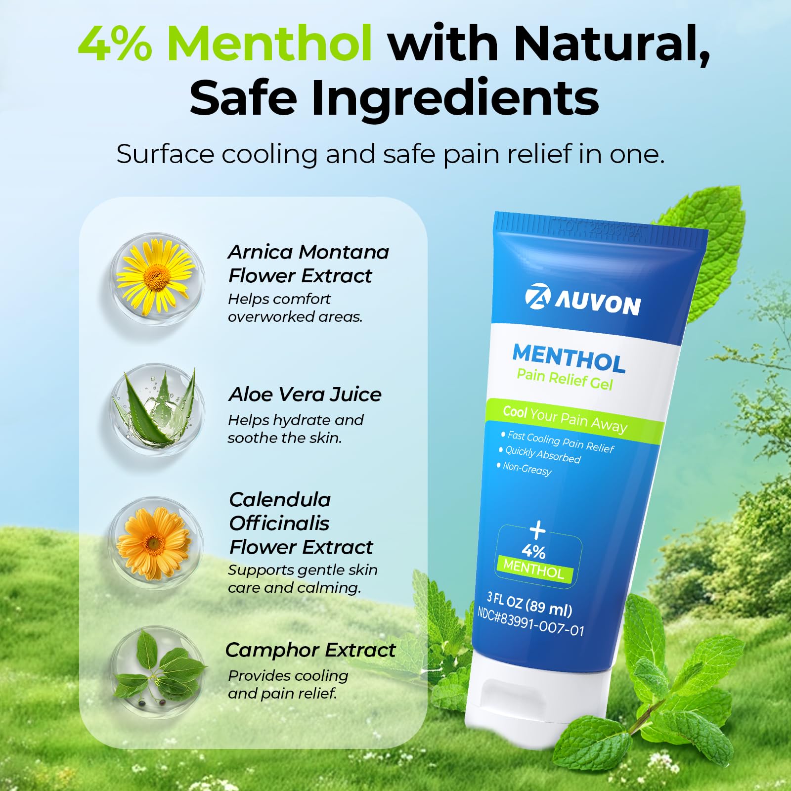AUVON Menthol Pain Relief Gel for Chronic Joint & Back Pain, Arthritis Pain Reliever for Muscle Pain Relief, Fast-Acting Menthol Cooling Gel Soothes Knee, Hip, Shoulder, Neck Pain, 3 FL OZ Per Pack AUVON Au supplements