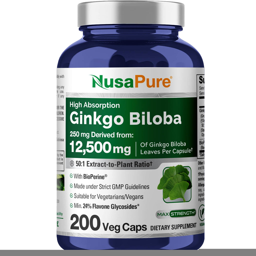 NusaPure Ginkgo Biloba 50:1 Extract, 250 mg Equivalent to 12,500 mg per Veggie Caps 200 Capsules (Vegetarian, Non-GMO, Vegan) Bioperine NusaPure Au supplements