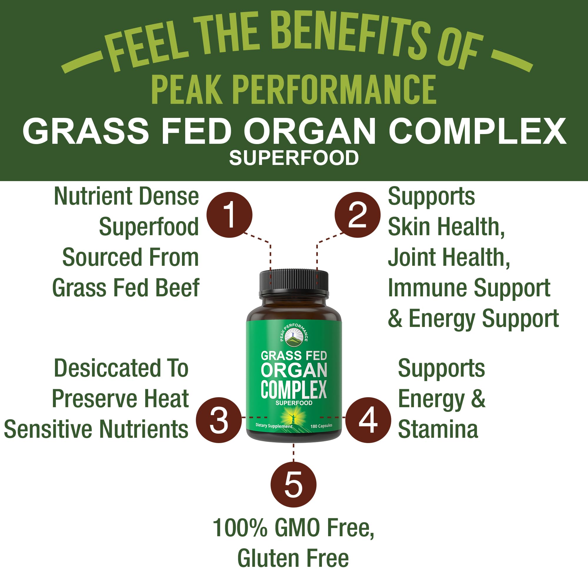 Peak Performance Grass Fed Beef Organ Complex from New Zealand (180 Capsules) Desiccated Organs Superfood Pills. GrassFed Beef Liver Capsules with Heart, Kidney, Pancreas, Spleen. Supplement Peak Performance Au supplements