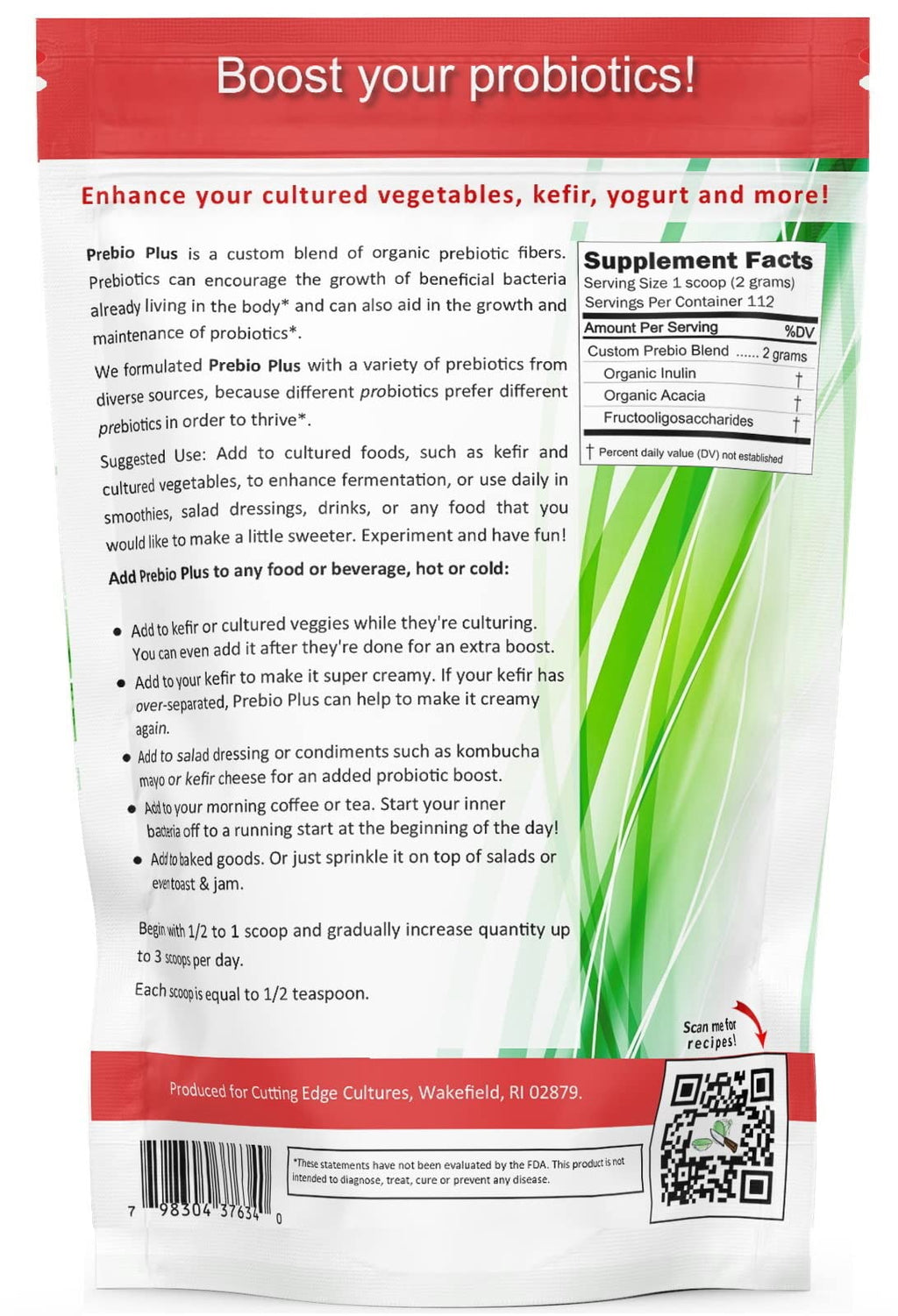 Cutting Edge Cultures Prebio Plus Prebiotic Fiber Powder Best Custom Blend of Organic Prebiotic Fibers Dietary Supplement 8 oz