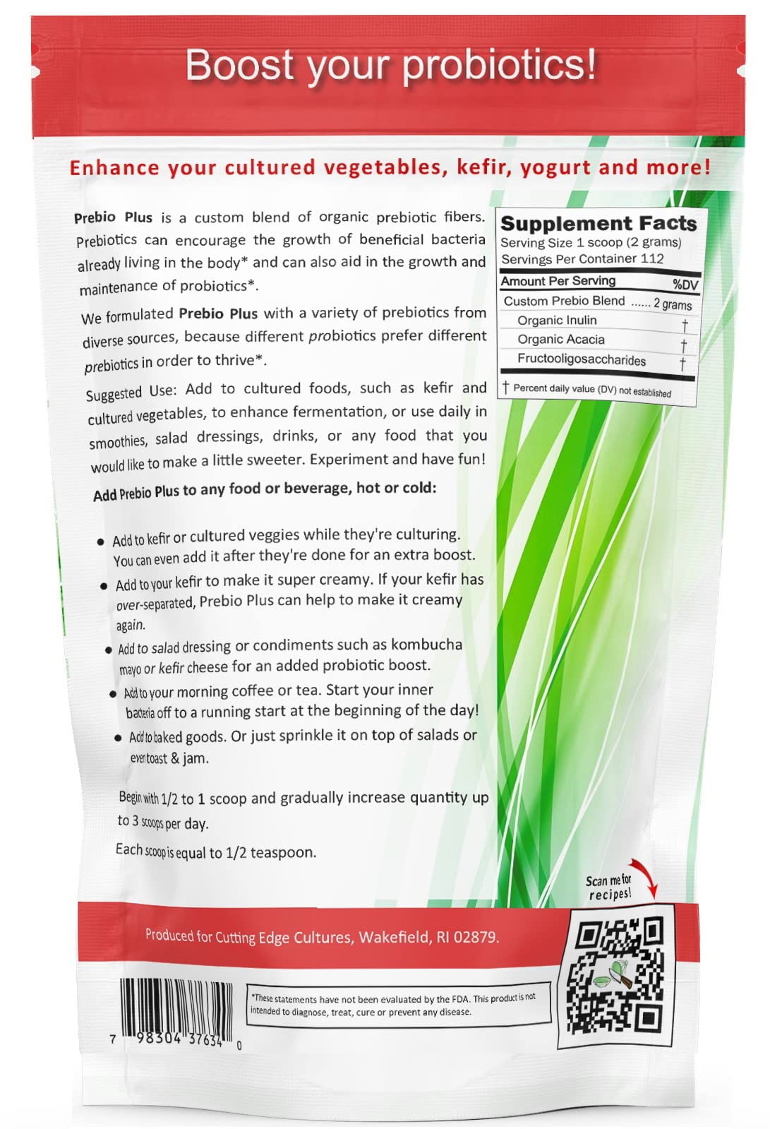 Cutting Edge Cultures Prebio Plus Prebiotic Fiber Powder Best Custom Blend of Organic Prebiotic Fibers Dietary Supplement 8 oz