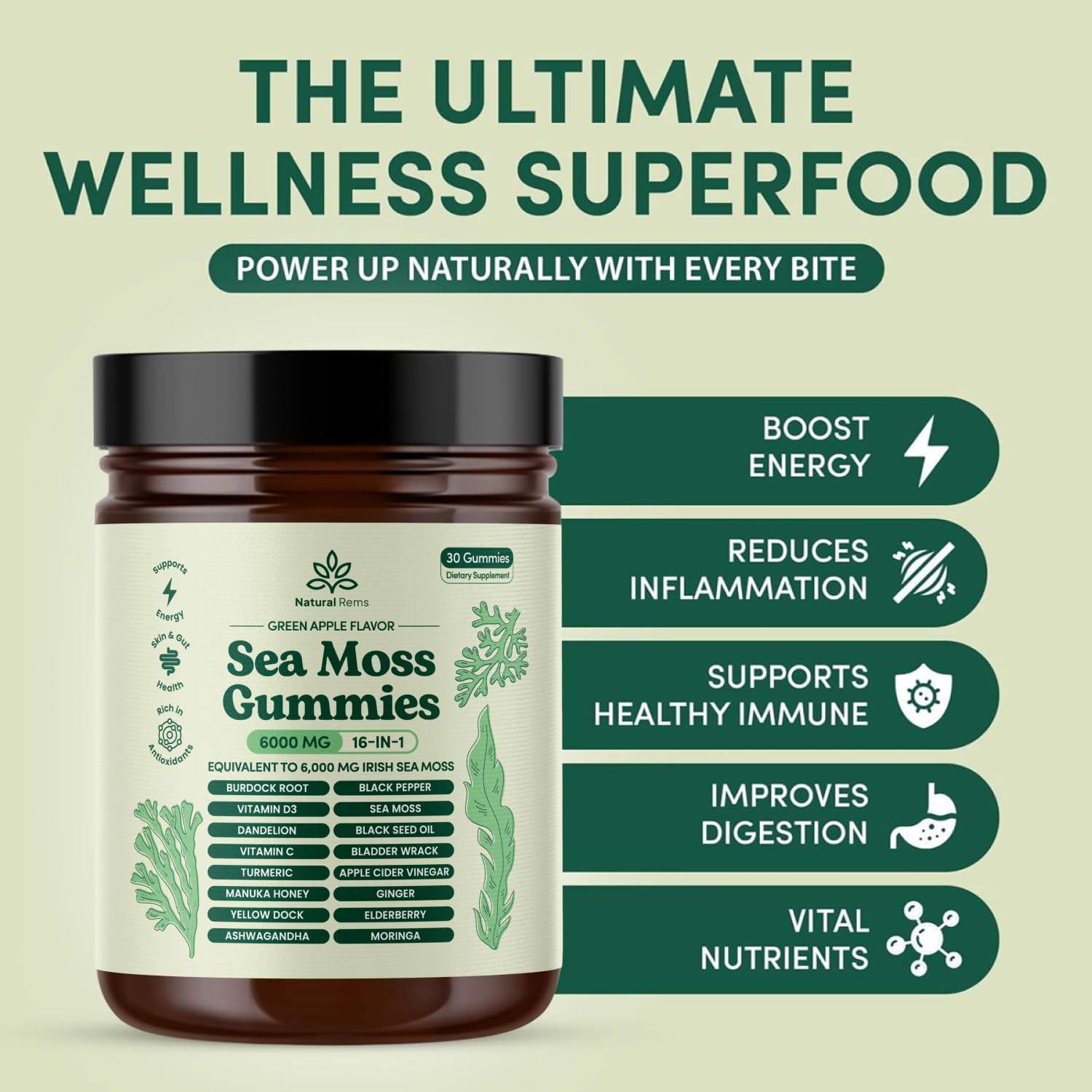 Natural Rems Sea Moss Gummies 16-in-1 - Ashwagandha Black Seed Oil Bladder Wrack Turmeric Vitamin C & D3 with Manuka Burdock Root Dandelion Yellow