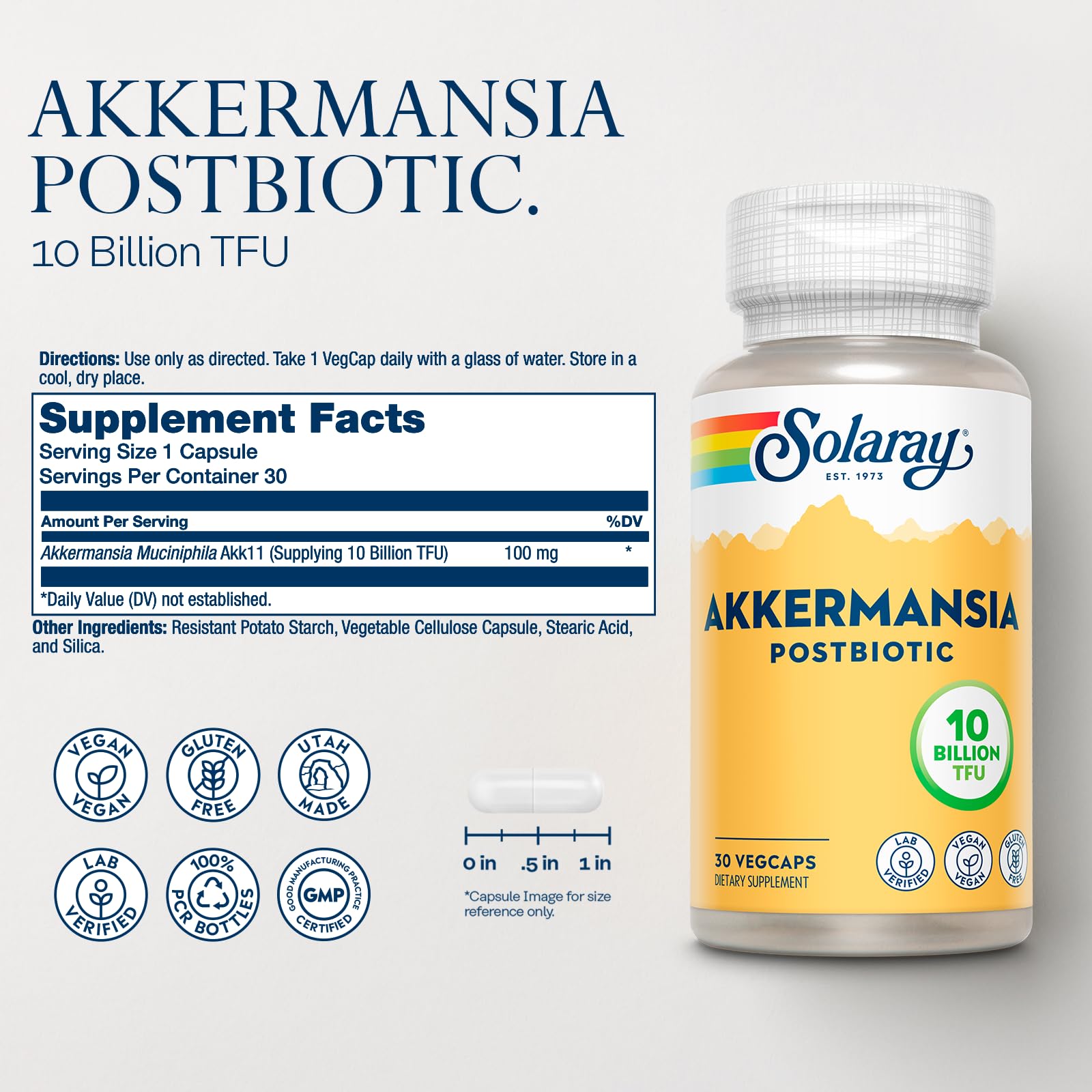 SOLARAY Akkermansia Postbiotic, Akk11, 10 Billion TFU, Beneficial Strain for Gut Health Support, Vegan, Gluten-Free, 60-Day Guarantee, 30 Servings, 30 VegCaps SOLARAY Au supplements