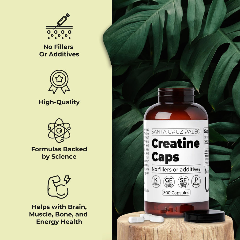 Santa Cruz Paleo Creatine Capsules, Supports Muscle Growth & Energy, Gluten Free, Keto, Sugar Free, Paleo, No Fillers or Additives, Creatine Monohydrate Pills,