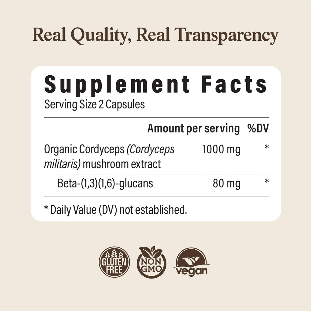Real Mushrooms Capsules Supplements - Organic Cordyceps Mushroom Powder in Capsules - Energy and Performance Mushrooms with Verified Beta Glucans - Vegan, Non-GMO, 300 Capsules Real Mushrooms Au supplements