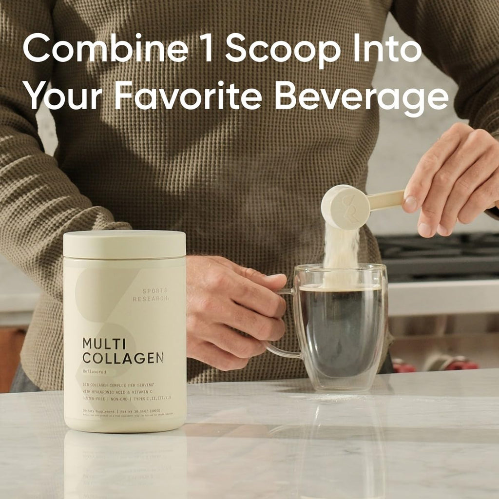 Sports Research Multi Collagen Protein Powder (Type I, II, III, V, X) with Hyaluronic Acid + Vitamin C | 5 Types of Food Based Collagen