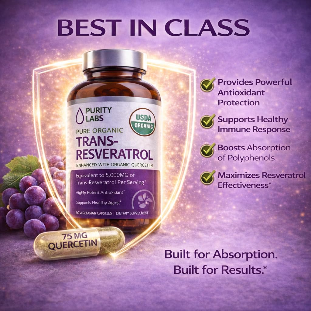 Purity Labs Trans-Resveratrol Supplement 5,000 mg Equivalent per Serving with Quercetin, USDA Organic High Potency Antioxidant,