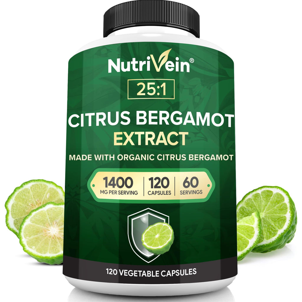 Nutrivein Premium Citrus Bergamot Supplement 1400mg 25:1 Bergamia Extract - 60 Day Supply (120 Capsules): Powerful Italian Citrus Bergamot 1400 mg+