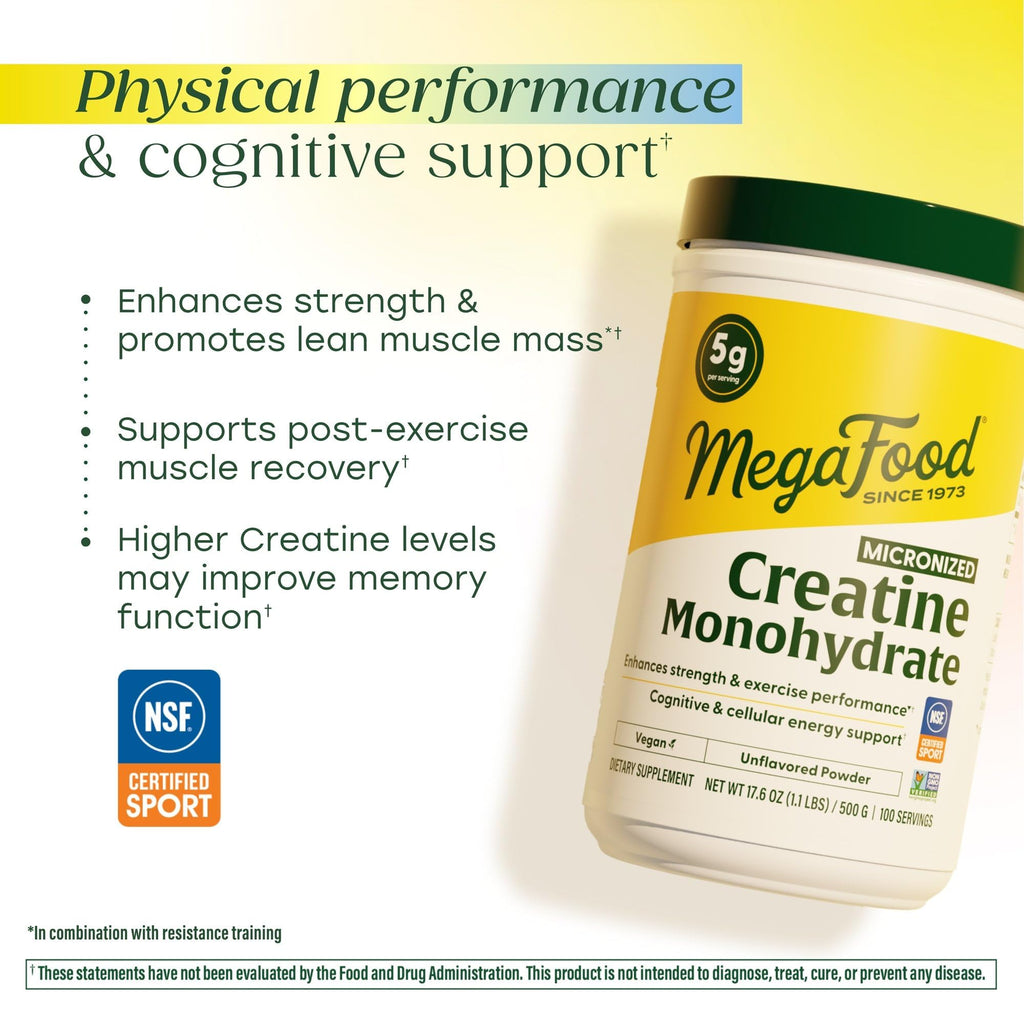 MegaFood Micronized Creatine Monohydrate Powder - Unflavored Post & Pre Workout Powder for Men & Women - Cognitive & Exercise Performance Support