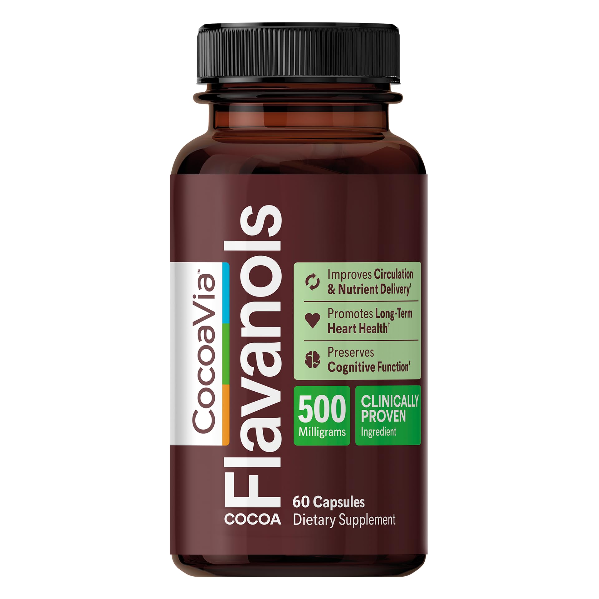 CocoaVia Cocoa Flavanols 500mg – Heart & Brain Support Supplement, High Flavanol Cocoa, Blood Circulation & Memory Booster, Nitric Oxide, Energy & Oxygen Boost, Vegan, Gluten-Free, 60 Capsules