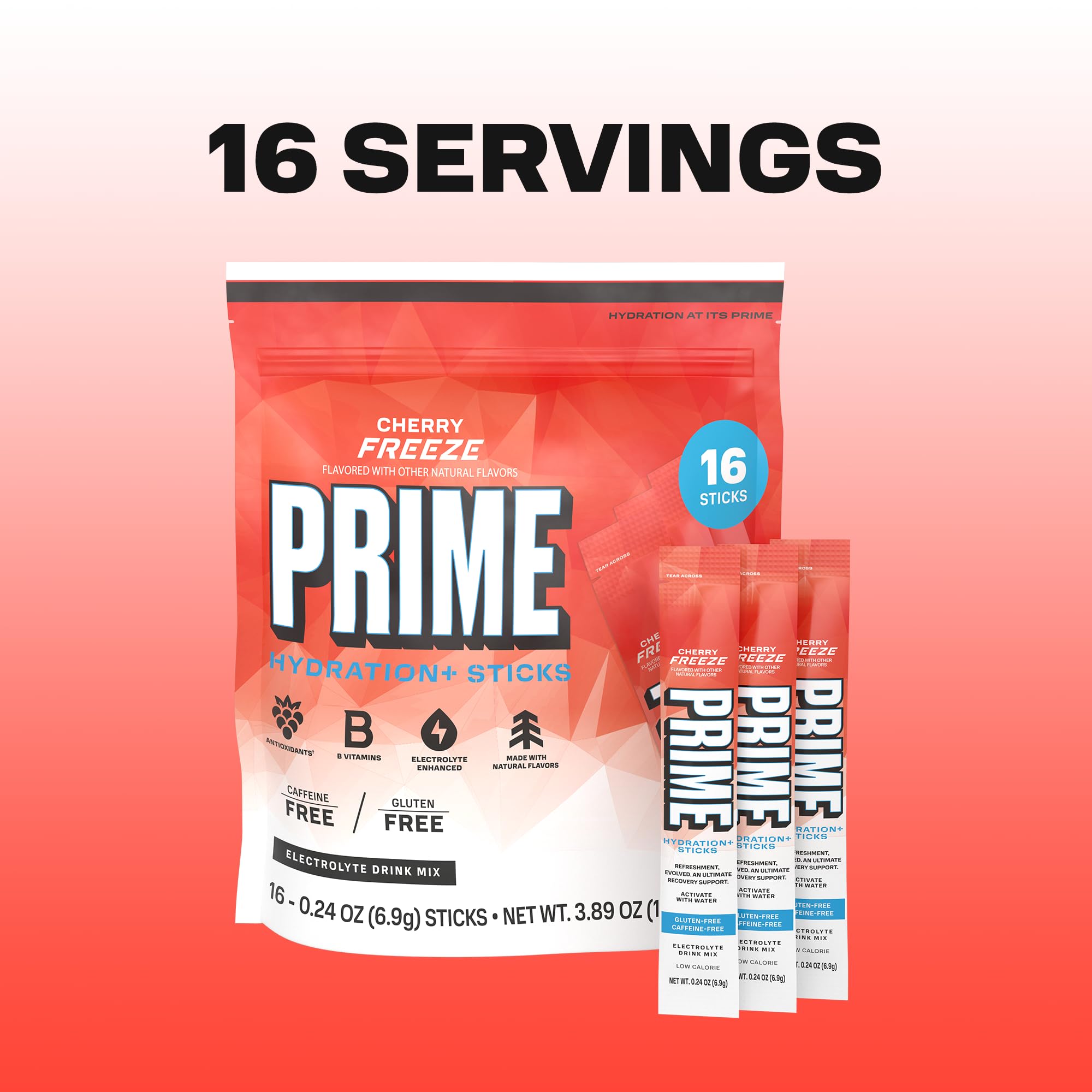 PRIME HYDRATION+ Electrolyte Powder Sticks, Cherry Freeze, Sugar Free Hydration Drink Mix with Potassium, Magnesium & B Vitamins