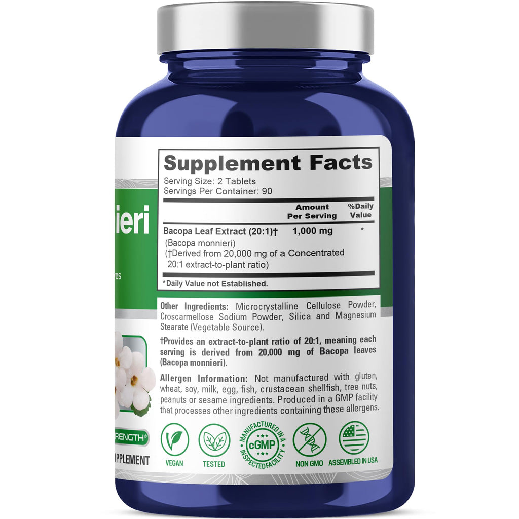 NusaPure Bacopa Leaf Monnieri Extract 20,000 mg 180 Tablets (Extract 20:1, Non-GMO, Gluten Free & Vegan) NusaPure Au supplements