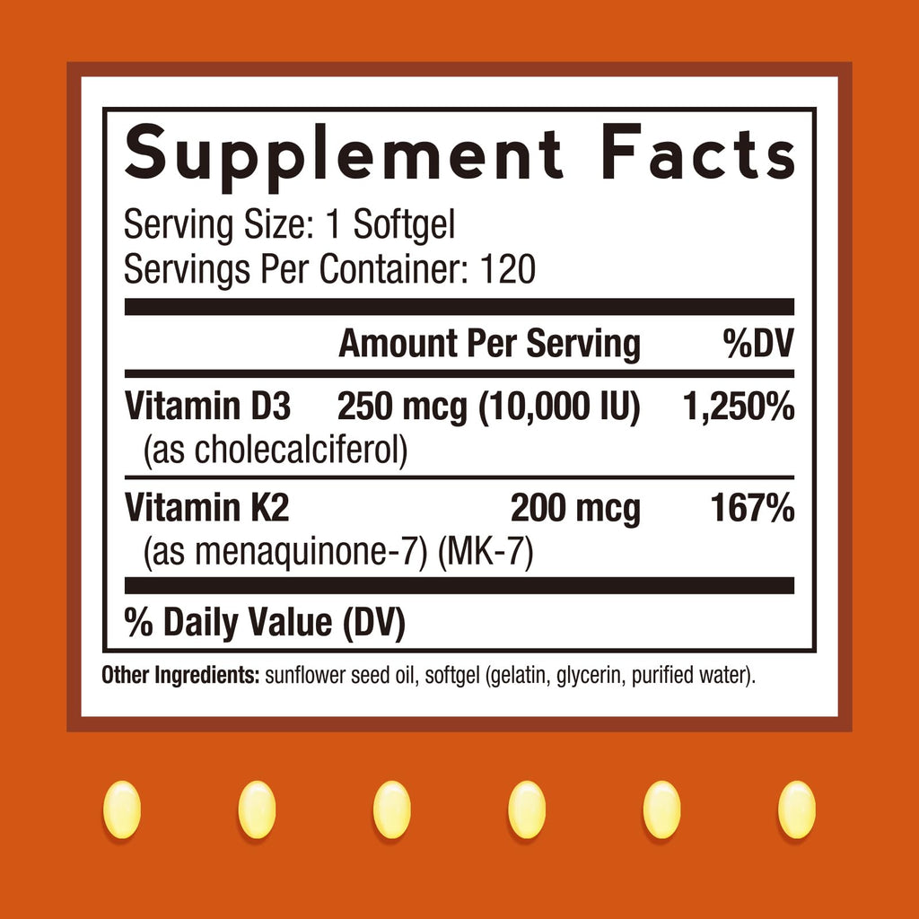 Doctor's Recipes Vitamin D3 K2, 10,000 IU, 200 mcg, MK-7, Strong Bone Density, Teeth, Immune, Heart Support, Energy, Calcium Absorption,