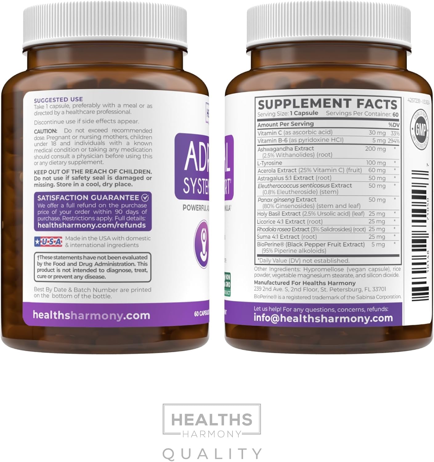 Adrenal System Support & Cortisol Manager (2 Month Supply) Powerful Ashwagandha & L-Tyrosine Fatigue Supplement - Maintain Balanced Cortisol Levels, Health, & Stress Relief - Non-GMO - 60 Capsules Healths Harmony Au supplements