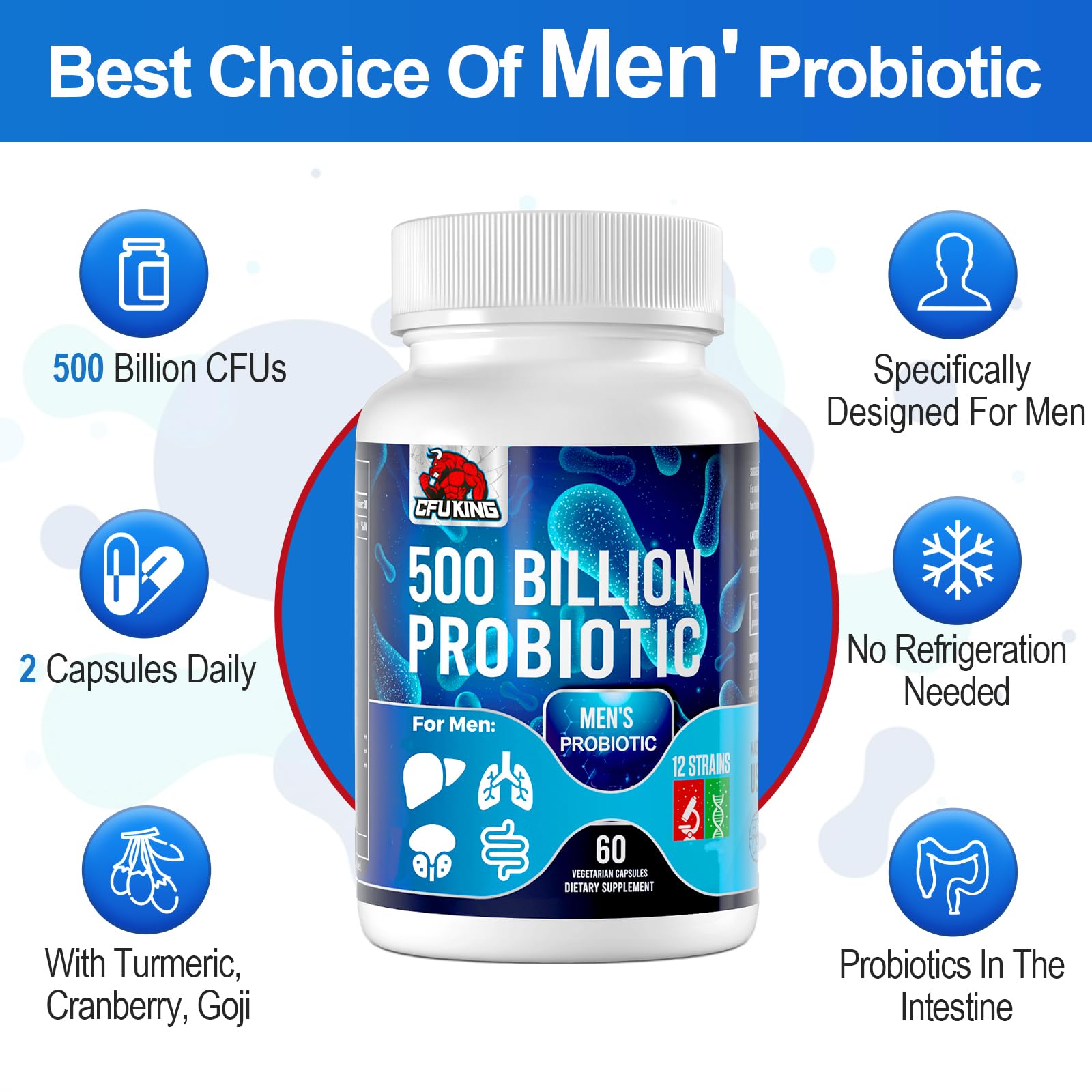 Probiotics for Men, 500 Billion CFU & 12 Mens Probiotic for Digestive Health + 4 Organic Prebiotic Fiber, for Digestive, Gut, Immune Health, Bloating, Gas, Energy Support, Shelf Stable - 120 Capsules CFUKING Au supplements