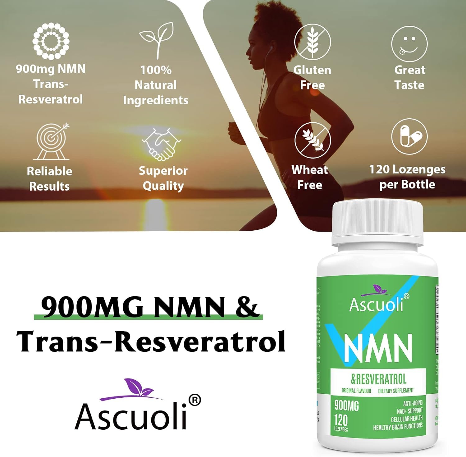 Sublingual NMN 500mg + Trans-Resveratrol 400mg, 3-in-1 Advanced Formula 99% Pure NMN Resveratrol Supplement for Boost* NAD, Cell, Immune, Energy & Muscle, Anti-Aging, 120 Lozenges, 120-Day Supply Ascuoli Au supplements