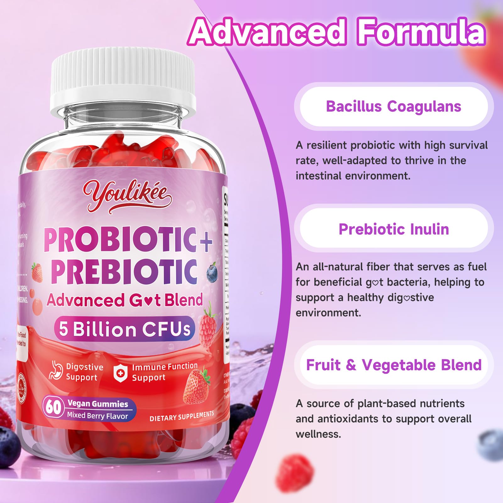 Youlikee 2 Pack Prebiotic + Probiotic Gummies for Women and Men, Probiotic Gummies Supports Gut Health, 5 Billion CFUs with Fibers,