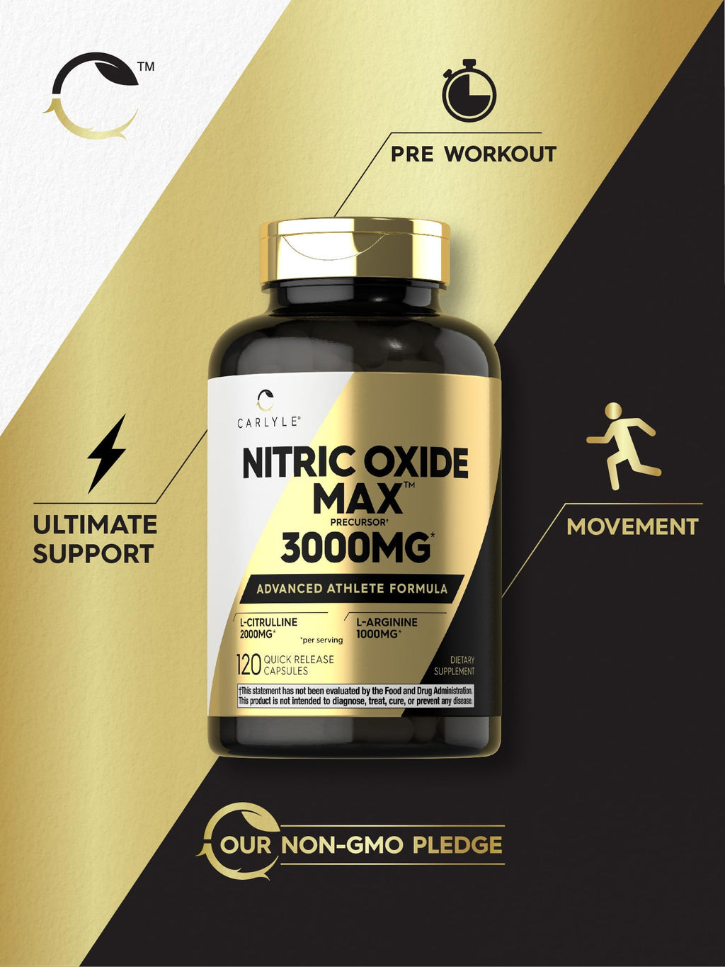 Carlyle Nitric Oxide Supplement 3000mg | 120 Capsules | with L-Arginine & L-Citrulline | for Men & Women | Pre & Post Workout | Non-GMO, Gluten Free