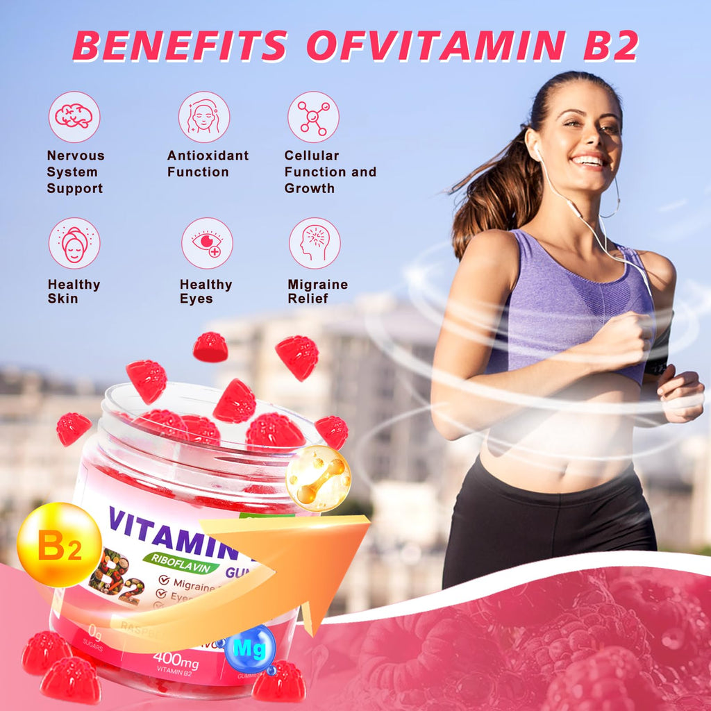 Vitamin B2 Gummies Riboflavin 400mg Supplement with Magnesium for Kids & Adults B2 Gummies for Migraine Relief, Headache Relief & Nervous System Support