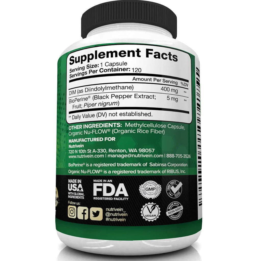 Nutrivein DIM Supplement 400mg Diindolylmethane Plus Bioperine - Maintain Hormone Nutrivein Au supplements