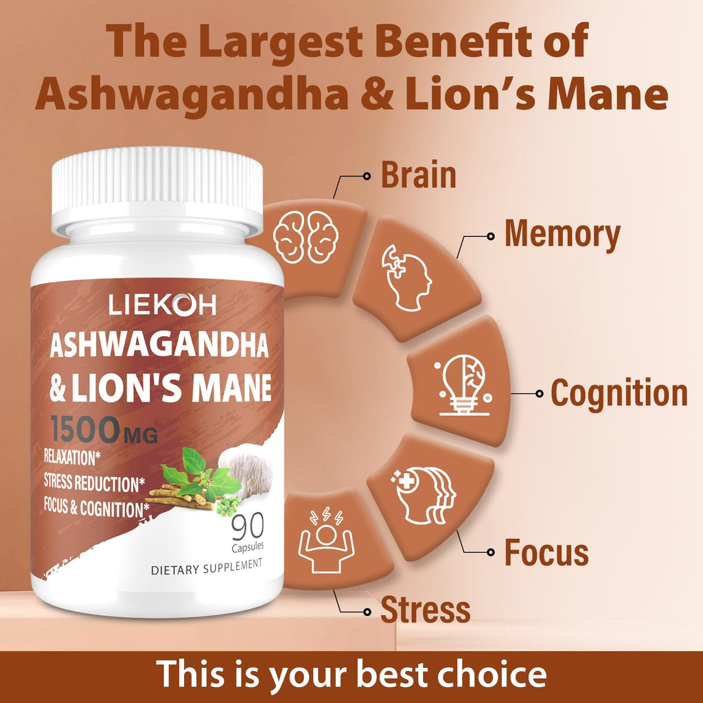 Liekoh Ashwagandha & Lions Mane Supplement Capsules, Brain Supplements for Memory and Focus, Ashwagandha Supplement with Rhodiola & Black Peppe, Cortisol Supplements for Women & Men,90 Caps Liekoh Au supplements