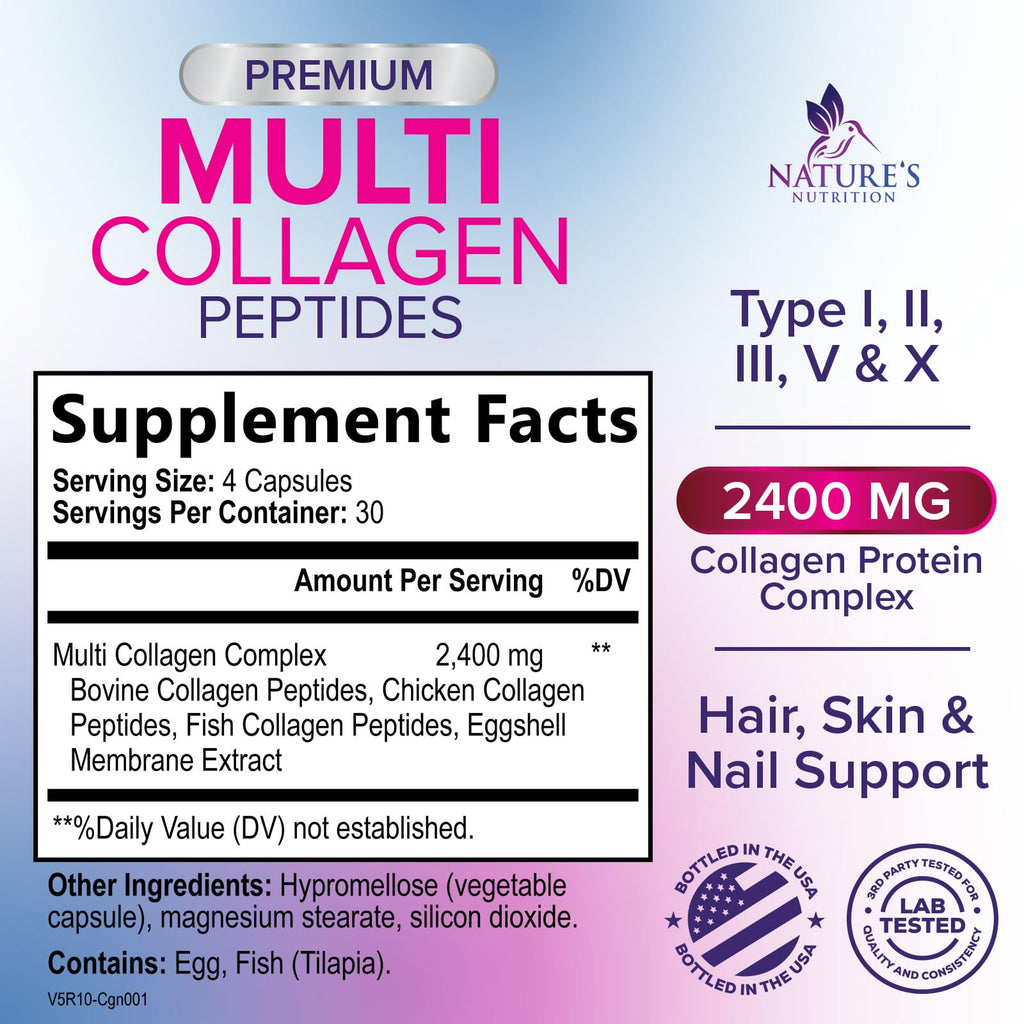 Multi Collagen Pills 2400 mg - Advanced Types I, II, III, V, X - Hydrolyzed Multi Collagen Peptides Pills, Collagen Supplements for Women & Men - Hair, Skin, & Nail Support Supplement - 120 Capsules Nature's Nutrition Au supplements