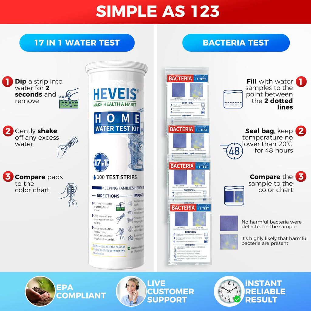 21-in-1 Home Drinking Water Testing Kit - 120 Strips + 4 Bacteria Tests - Tap and Well Water Test Kit, Easy to Test and Read for Hardness, Lead, Iron, Fluoride, pH, Copper, Bacteria and More HEVEIS Au supplements