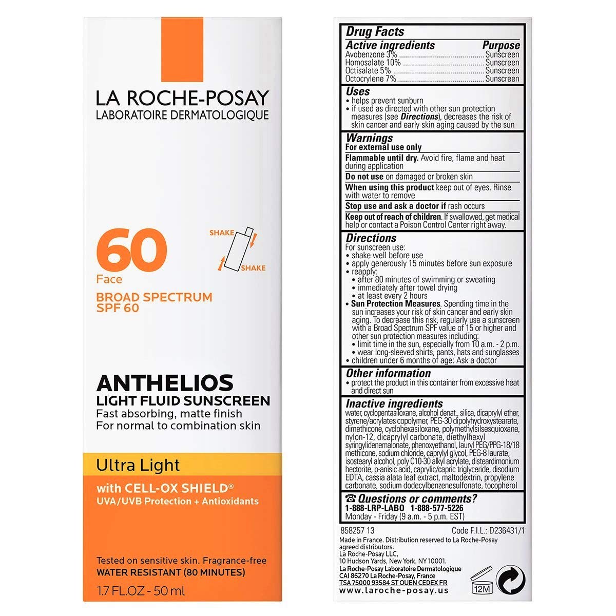 La Roche-Posay Anthelios Light Fluid Facial Sunscreen SPF 60, Lightweight Sunscreen For Face, Fluid Texture, Broad Spectrum SPF + Antioxidants