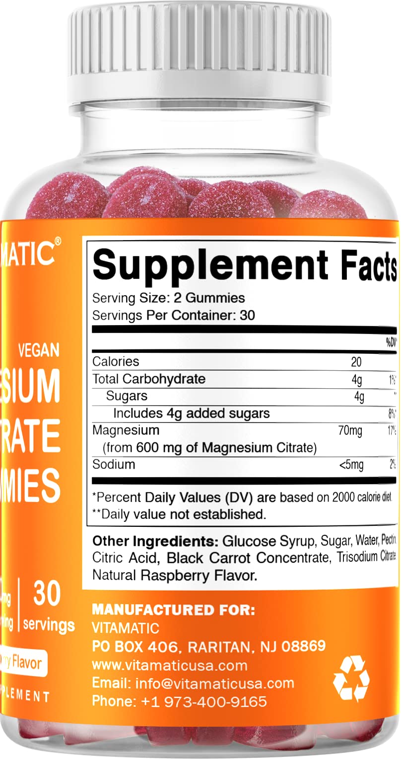 Vitamatic Magnesium Gummies 600mg per Serving – 60 Vegan Gummies – Relaxation, Muscle, Bone & Energy Support – 3 Pack