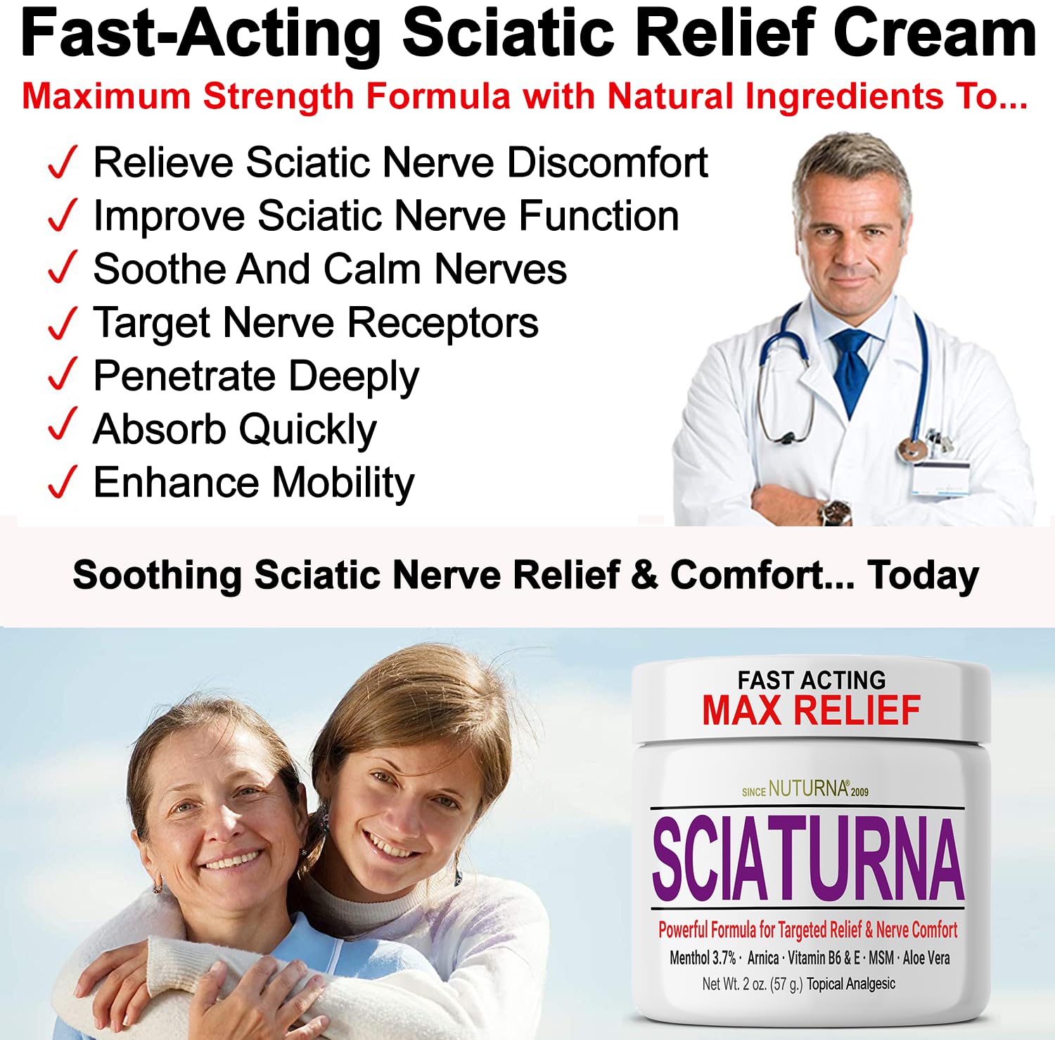 Sciatica Nerve Cream - Maximum Strength Comfort Cream for Feet, Hands, Legs, Toes, Back - Natural Ultra Strength Arnica, MSM, Menthol, Soothing Comfort, 2 Oz Nuturna Au supplements