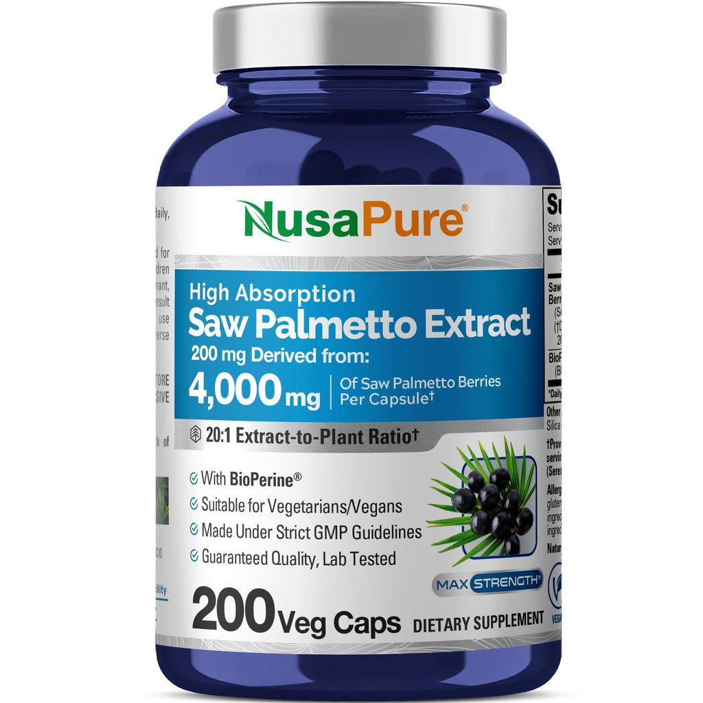 NusaPure Saw Palmetto 20:1 Extract, 200 mg Equivalent to 4,000 mg per Veggie Caps 200 Count Non-GMO, Vegan, Vegetarian, Bioperine NusaPure Au supplements