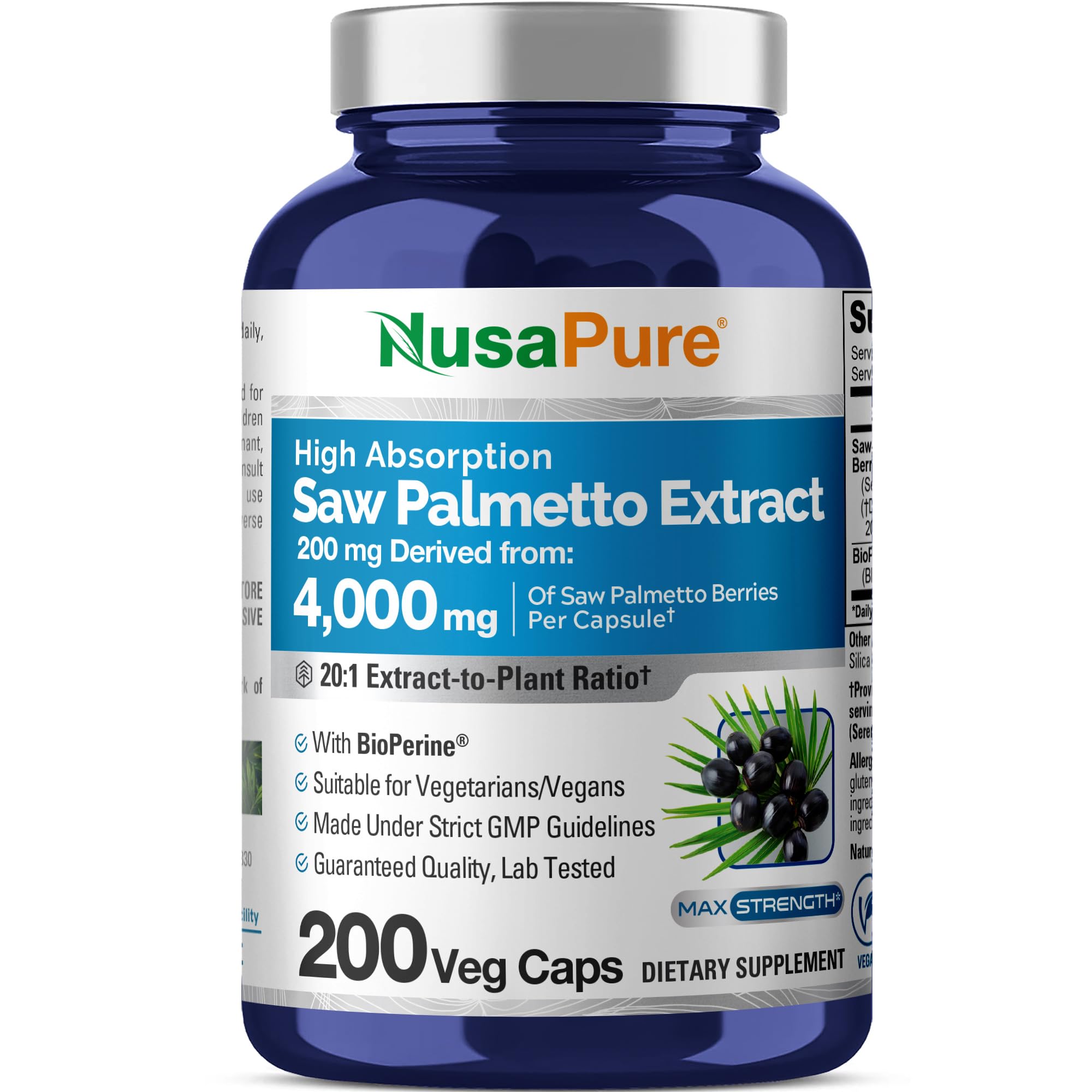 NusaPure Saw Palmetto 20:1 Extract, 200 mg Equivalent to 4,000 mg per Veggie Caps 200 Count Non-GMO, Vegan, Vegetarian, Bioperine NusaPure Au supplements