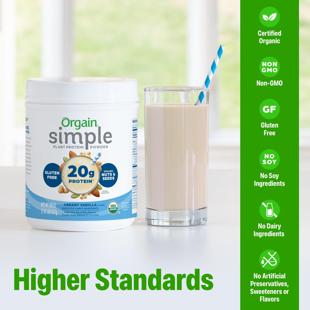 Orgain Organic Simple Vegan Protein Powder, Vanilla - 20g Plant Based Protein, Made with less Ingredients, No Artificial Sweeteners, Gluten Free, No Dairy or Lactose, 1.25 lb (Packaging May Vary)