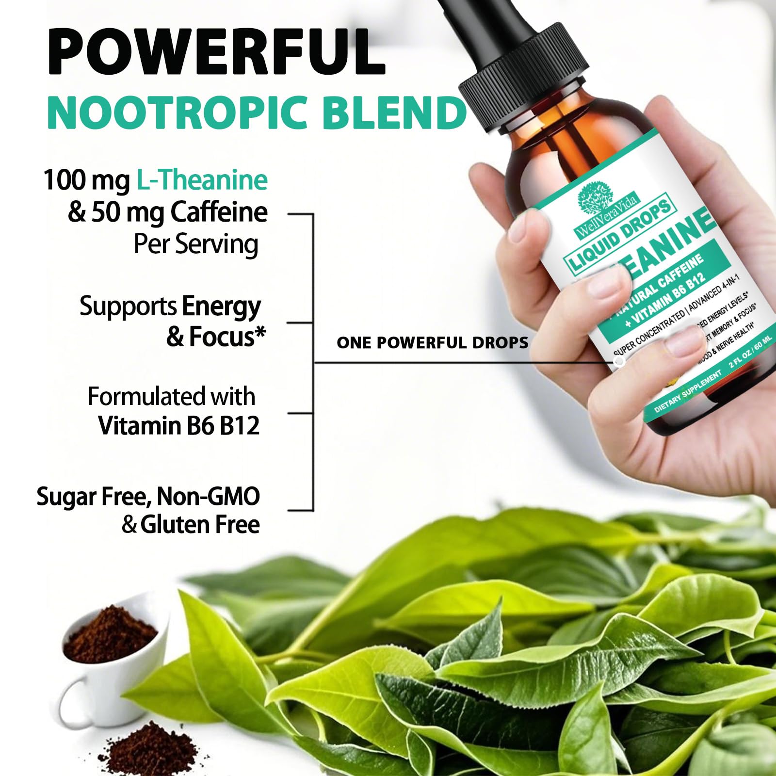 L Theanine Caffeine Liquid Drops, High Potency L-Theanine 100mg w. Caffeine Vitamin B12 B6, Natural Nootropic Brain for Smooth Energy Focus Alertness, 6X Stronger Than Pills Powder Gum WellVeraVida Au supplements