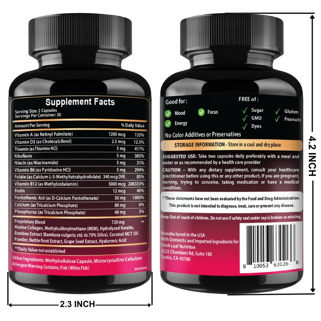B12 with Hyaluronic Acid, Collagen and Folate – 25000 mcg B12 Complex | Maximize Absorption & Energy | Gluten Free USA Made, B1, B2, B3, B6, B7, B12 vitamins 5000 mcg