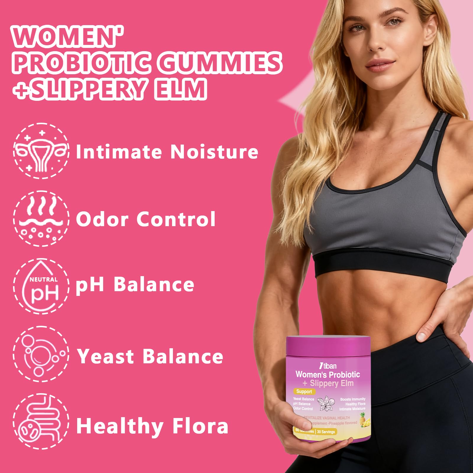 Itiban Feminine Vaginal Probiotics Gummies, Supports pH Balance & Digestive Health, Slippery Elm for Women, Suagr-Free