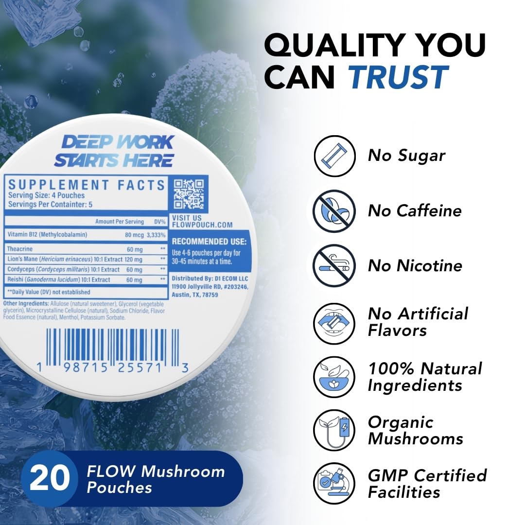 Flow Pouches Mushroom Nootropic Pouches - 600mg Organic Mushroom Energy Ultra Pouches with Lion's Mane, Reishi, Cordyceps for Focus & Clean Energy - Zero Caffeine or Sugar (5 Can Pack, Cool Mint) Flow Pouches Au supplements