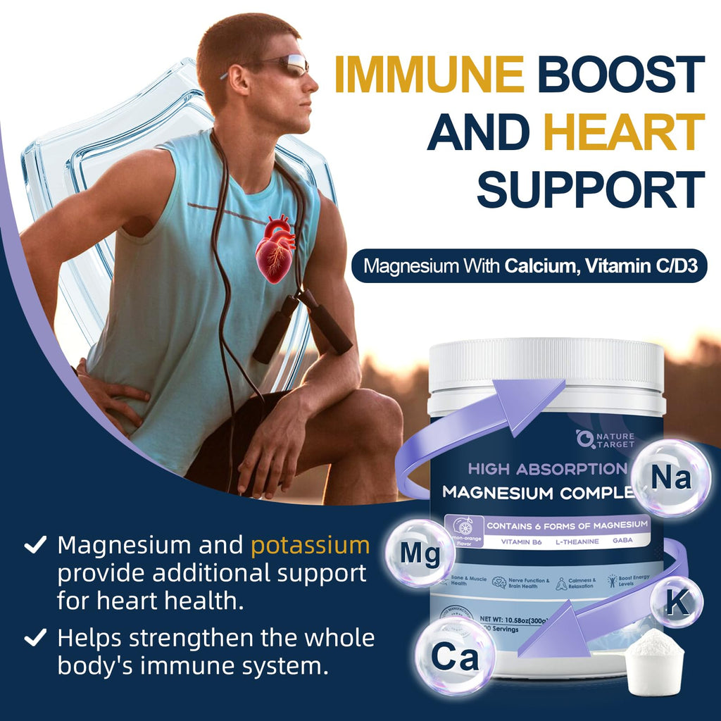 NATURE TARGET Magnesium Powder Supplement with Glycinate, Citrate, Malate, Magnesium Complex with L-Theanine & Vitamin B6 for Muscle, Heart & Brain, Vegan, 10.58 oz (100 Servings), Lemon Orange Flavor NATURE TARGET Au supplements