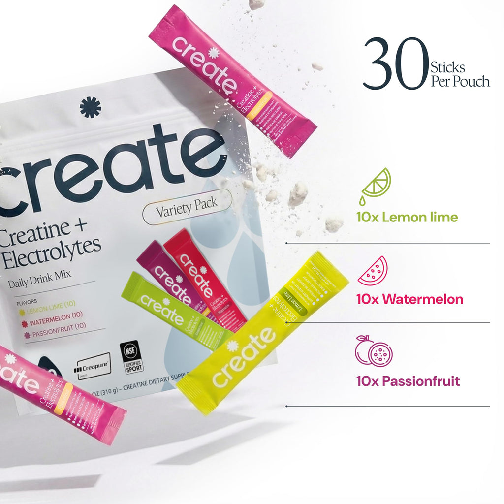 Create Creatine + Electrolytes Mix - Creatine Monohydrate Stick Packs, Supports Energy and Hydration, NSF Certified for Sport, 30 Count, Variety Pack