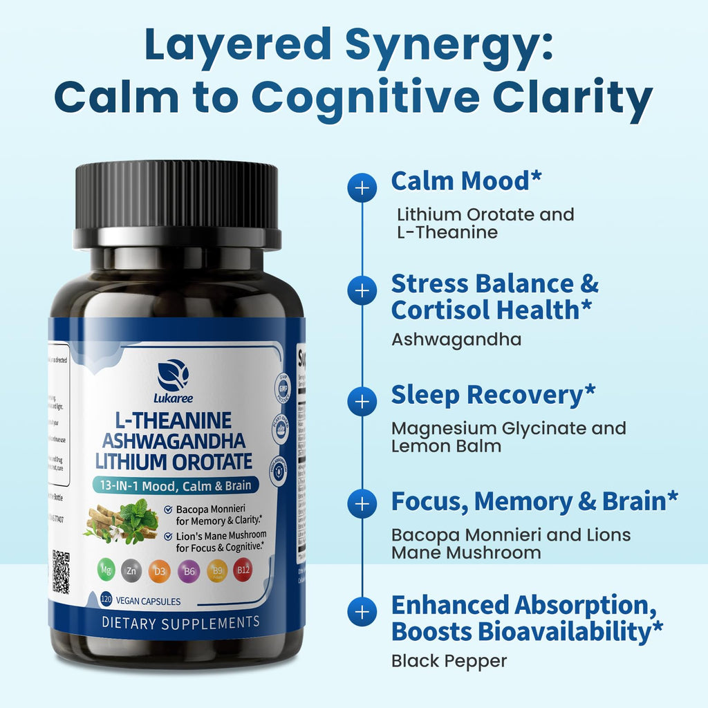 Lithium Orotate 5/10mg, L-Theanine 200mg, Ashwagandha 300mg - Mood Focus Memory Brain Supplements with Bacopa Monnieri, Lion’s Mane, Magnesium, Zinc D3 B6 Folate B12