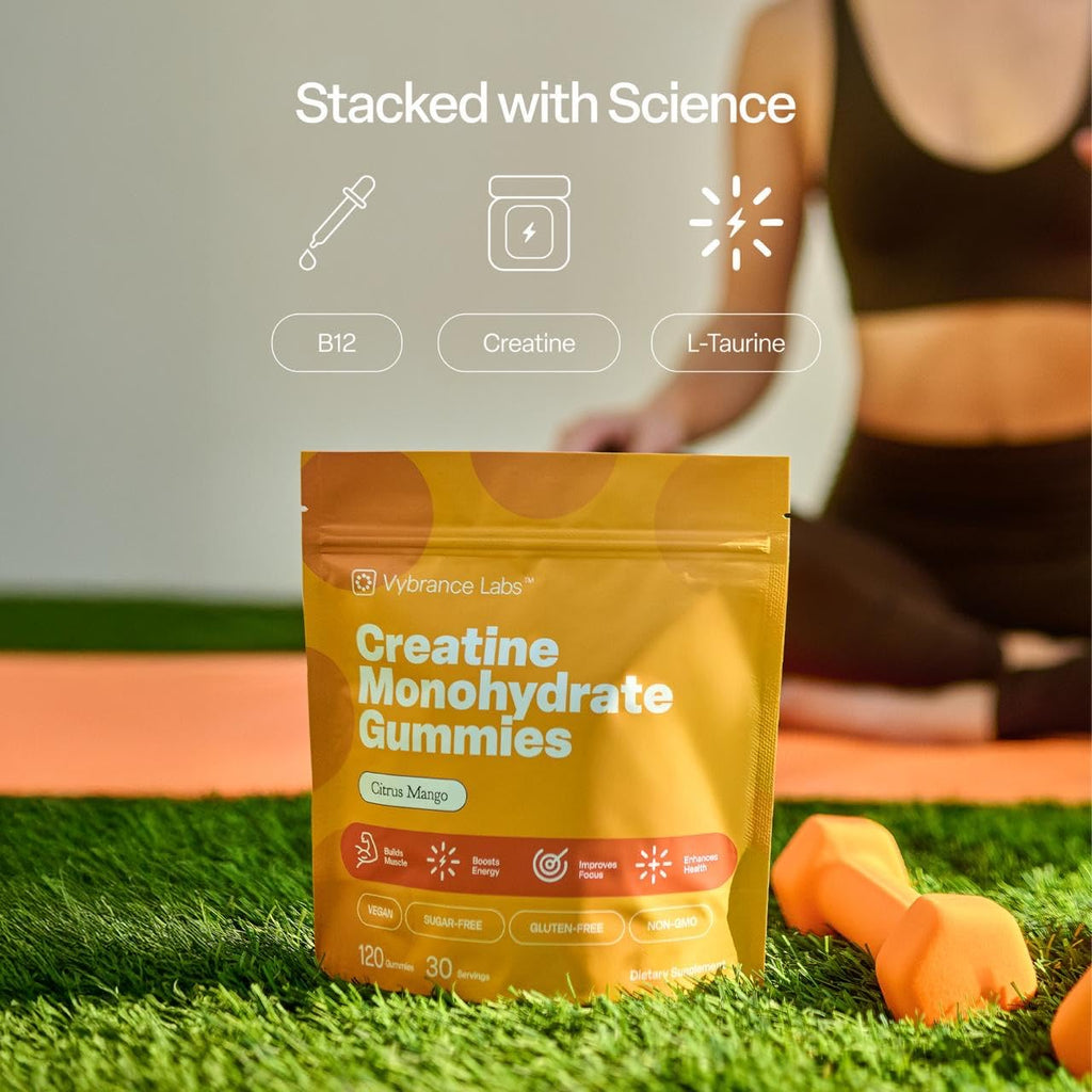 VYBRANCE LABS Creapure Creatine Gummies 5g + Taurine & B12 - Sugar-Free, Vegan, Gluten-Free - Citrus Mango - 120 Count (30 Servings) for Strength, Energy & Focus VYBRANCE LABS Au supplements