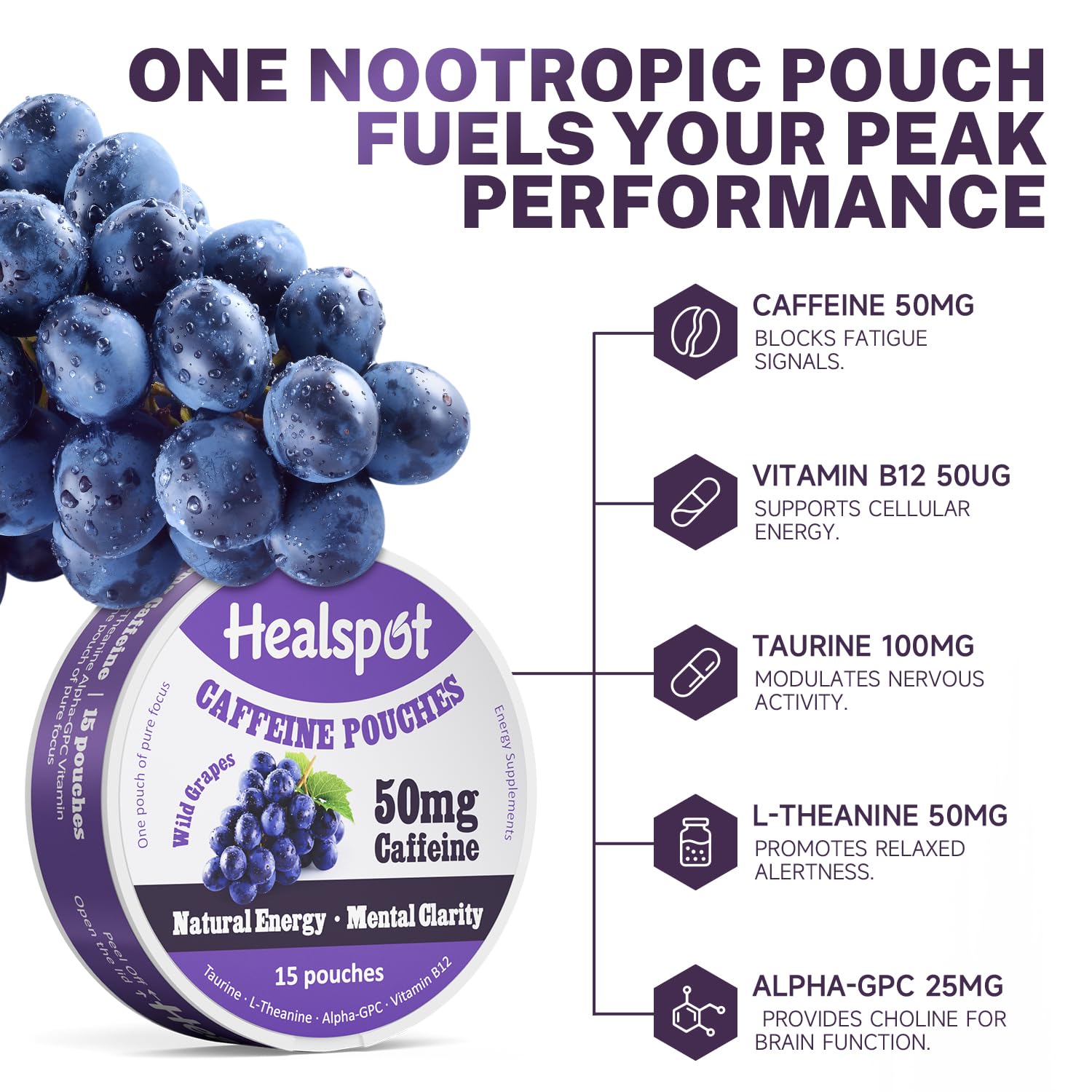 Healspot Nootropic Caffeine Pouches, Energy Pouches with 50mg Caffeine | Taurine | Vitamin B12 | Alpha-GPC | L-Theanine, Focus and Energy Supplements Variety Packs 5 Flavors Healspot Au supplements