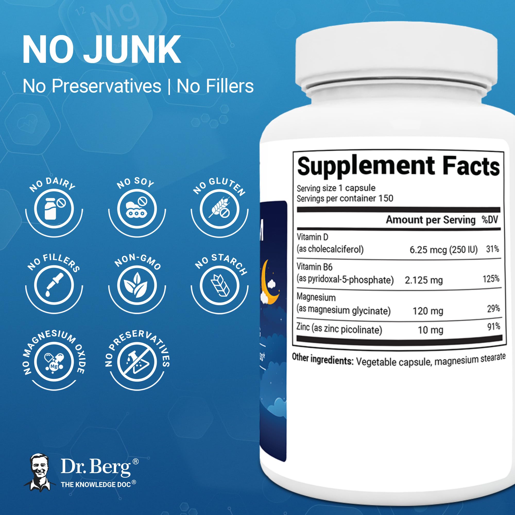 Dr. Berg Magnesium Glycinate 150ct – 4-in-1 Chelated for Muscle, Nerve, Sleep & Stress Support*– w/ D3, B6 & Zinc – 4X Lab-Tested