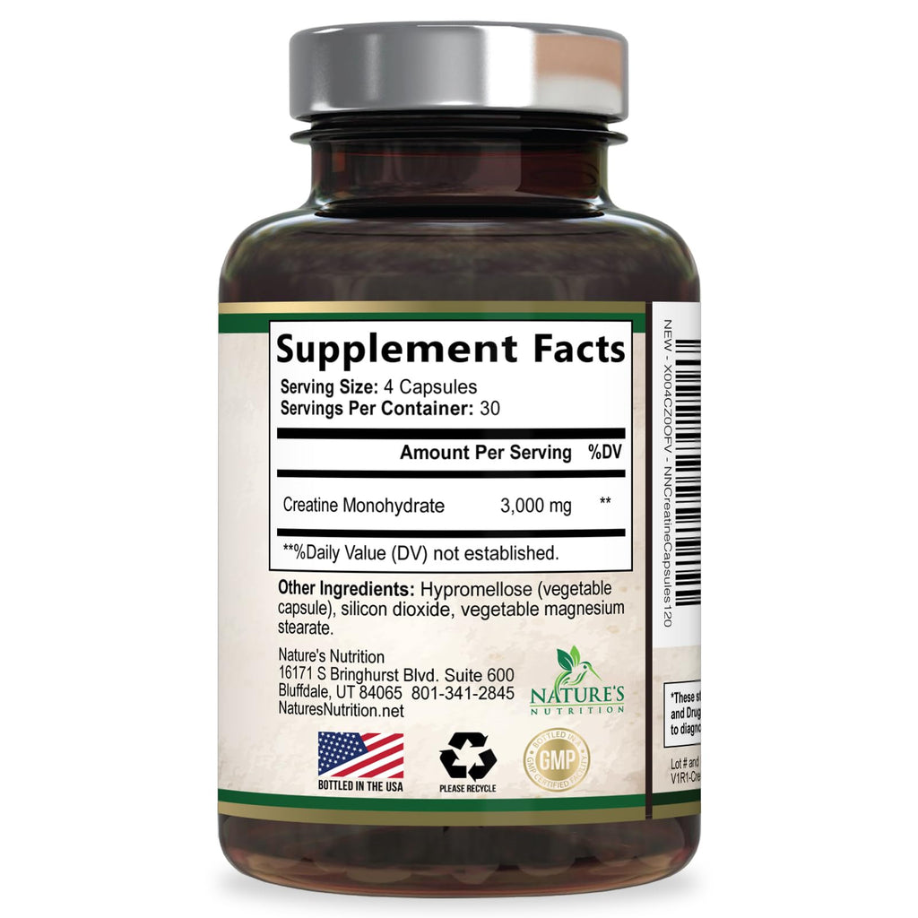 Creatine Monohydrate Capsules 3000mg Per Serving – Micronized Creatine Powder - Supports Lean Muscle, Strength, Energy, & Endurance - Nature's Supplement, Non-GMO, Bottled in USA - 120 Capsules Nature's Nutrition Au supplements