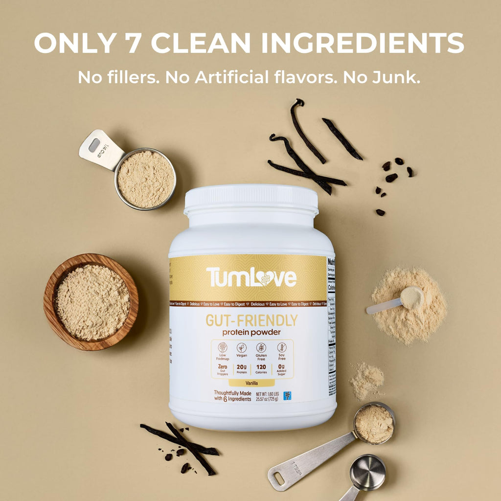 TumLove Vegan Protein Powder - Low FODMAP Certified, Gluten-Free, Dairy-Free, Soy-Free, 100% Gut-Friendly & Non-Bloating, Vanilla (25 Servings)