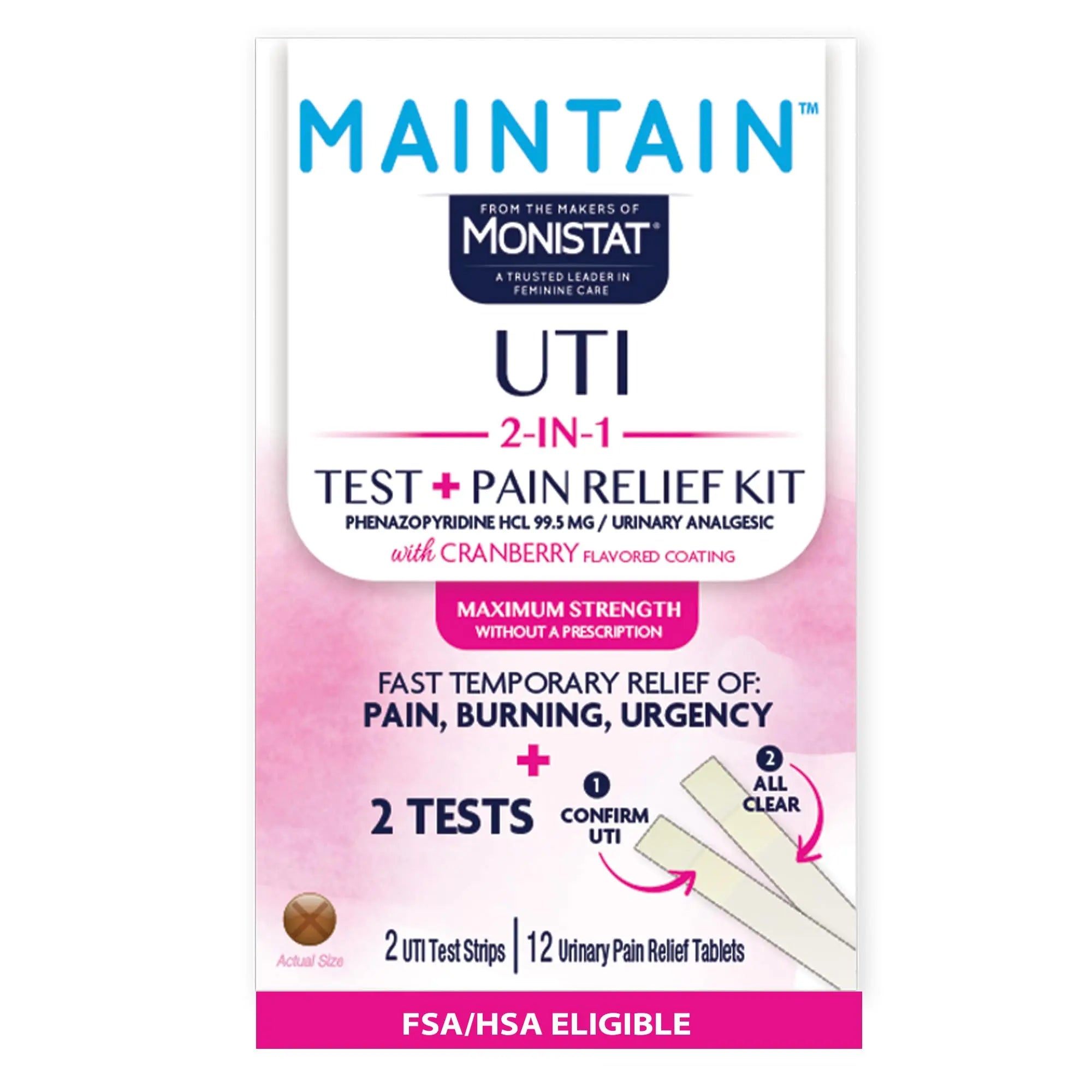 Monistat Maintain UTI 2-in-1 Test & Pain Relief Kit, 2 Test Strips & 12 Urinary Pain Relief Tablets, 2 Minute Results and Maximum Strength Pain, Burning and Urgency Relief Monistat Au supplements