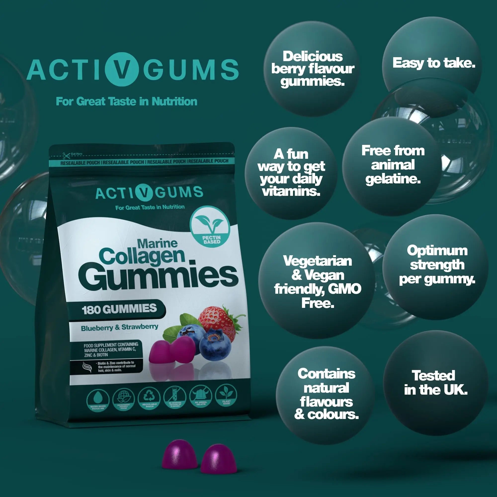 Marine Collagen Complex 180 Gummies. Strawberry & Blueberry Flavour. Resealable & Recyclable Pouch. Contains Marine Collagen, Vitamin C Activ Gums Au supplements
