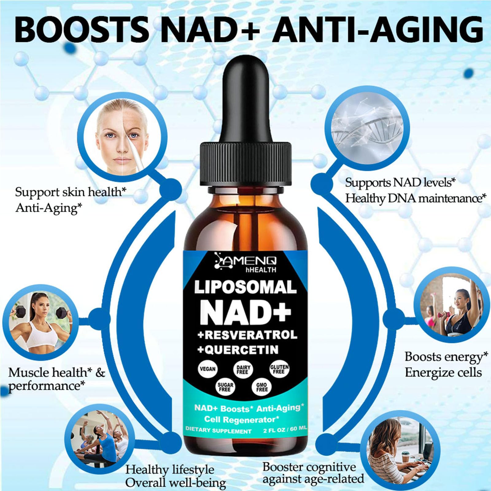 NAD Supplement, Liposomal NAD Nicotinamide Riboside Resveratrol 900mg Quercetion, TMG, Vitamin B3, High Potency NAD Plus Liquid Supplement for Cell Regenerator, Longevity, Energy, Anti-Aging, Focus AMENQ hHEALTH Au supplements