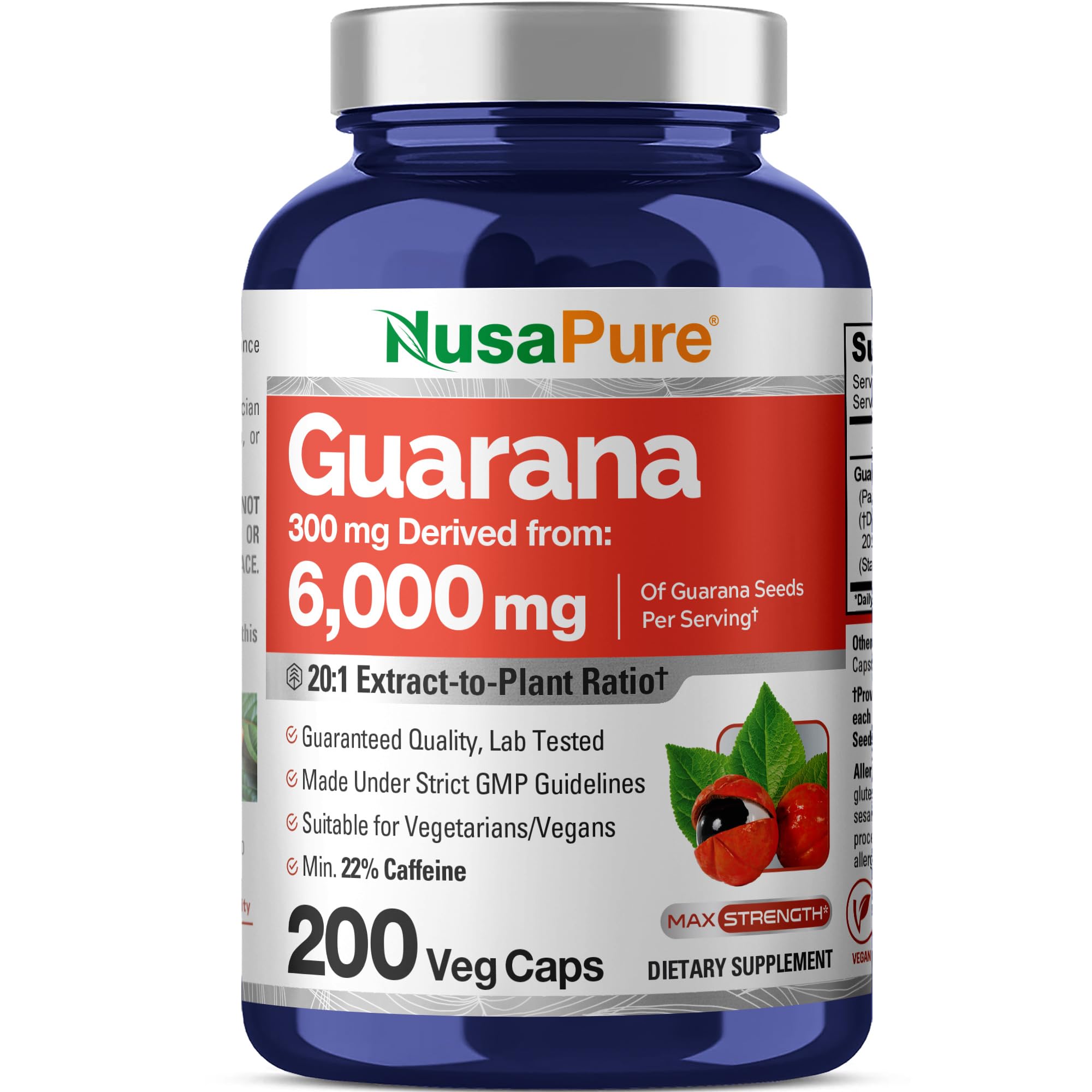 NusaPure Guarana Extract 20:1 Extract, 300 mg Equivalent to 6,000 mg per Veggie Caps 200 Count (Non-GMO, Vegan) NusaPure Au supplements